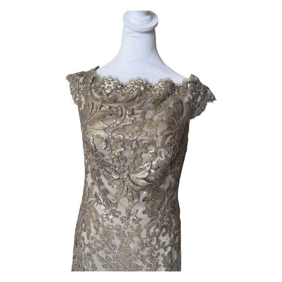 Tadashi Shoji Size 6 Paillette Embroidered Lace Gown Off Shoulder Champagne - Picture 3 of 14